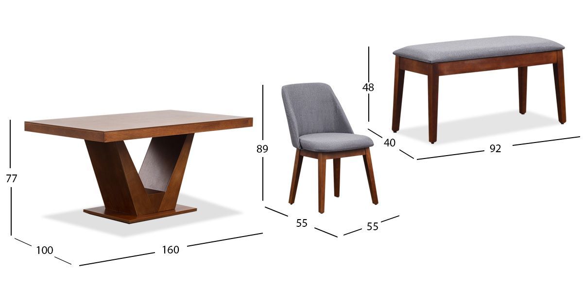 Comedor Volta Nogal Con Sillas Y Banca Olaf Gris 6 Piezas